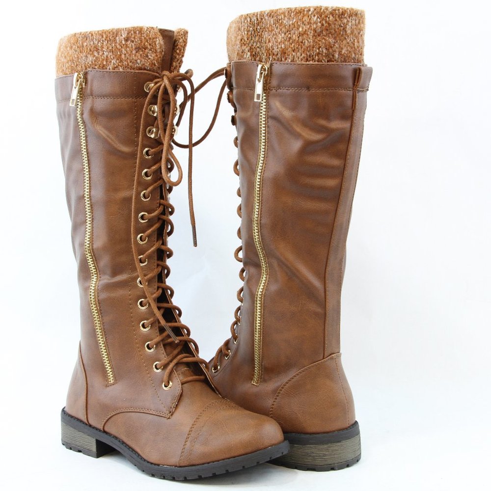 Women Fashion Knee High Lace Up Combat boots sweater opening faux Leather Tan